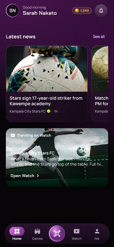 The home screen: Uganda's latest football news and what is trending on Watch.