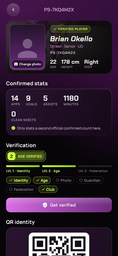 A verified player profile with confirmed stats and a QR code.