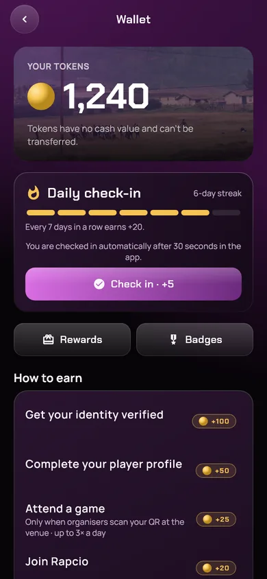 The wallet: 1,240 tokens, the daily check-in and ways to earn.