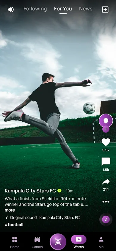 The Watch feed: a goal clip from a Kampala club with likes, comments and its sound.